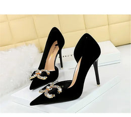 KissICON Fashion Women High Heel Rhinestone Buckle Bow Green