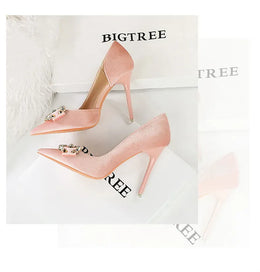 KissICON Fashion Women High Heel Rhinestone Buckle Bow Green