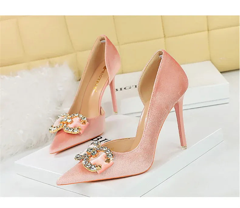 KissICON Fashion Women High Heel Rhinestone Buckle Bow Green