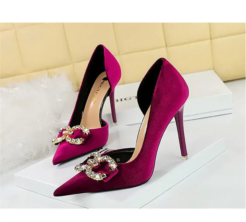 KissICON Fashion Women High Heel Rhinestone Buckle Bow Green