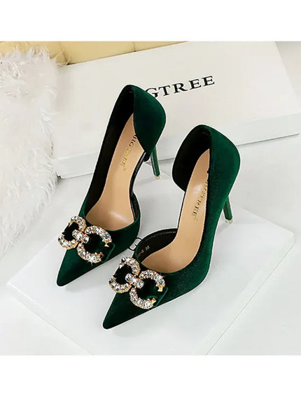 KissICON Fashion Women High Heel Rhinestone Buckle Bow Green