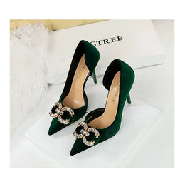 KissICON Fashion Women High Heel Rhinestone Buckle Bow Green