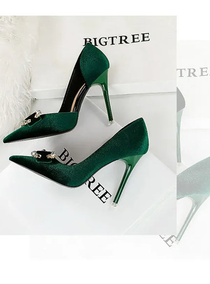 KissICON Fashion Women High Heel Rhinestone Buckle Bow Green