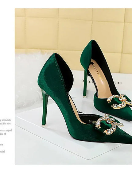 KissICON Fashion Women High Heel Rhinestone Buckle Bow Green