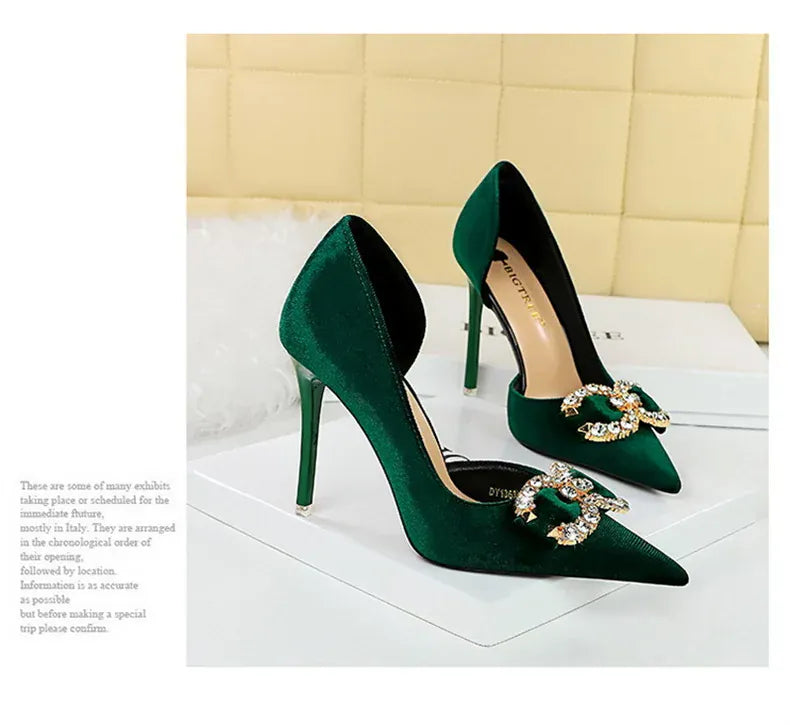 KissICON Fashion Women High Heel Rhinestone Buckle Bow Green