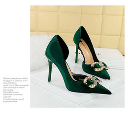 KissICON Fashion Women High Heel Rhinestone Buckle Bow Green