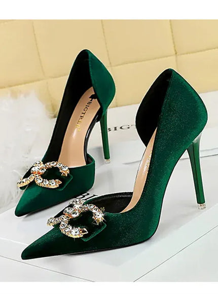 KissICON Fashion Women High Heel Rhinestone Buckle Bow Green
