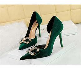 KissICON Fashion Women High Heel Rhinestone Buckle Bow Green