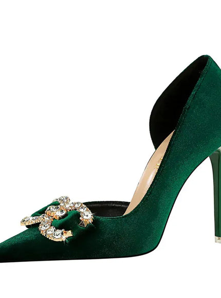 KissICON Fashion Women High Heel Rhinestone Buckle Bow Green