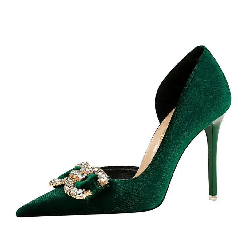 KissICON Fashion Women High Heel Rhinestone Buckle Bow Green