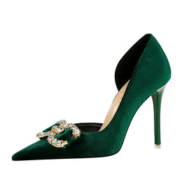 KissICON Fashion Women High Heel Rhinestone Buckle Bow Green