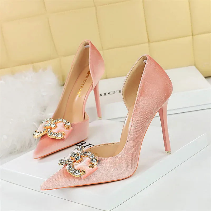 KissICON Fashion Women High Heel Rhinestone Buckle Bow Green