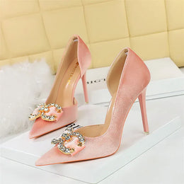 KissICON Fashion Women High Heel Rhinestone Buckle Bow Green