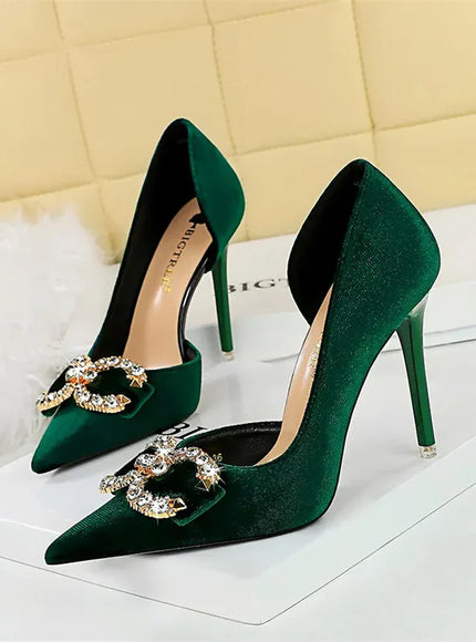 KissICON Fashion Women High Heel Rhinestone Buckle Bow Green