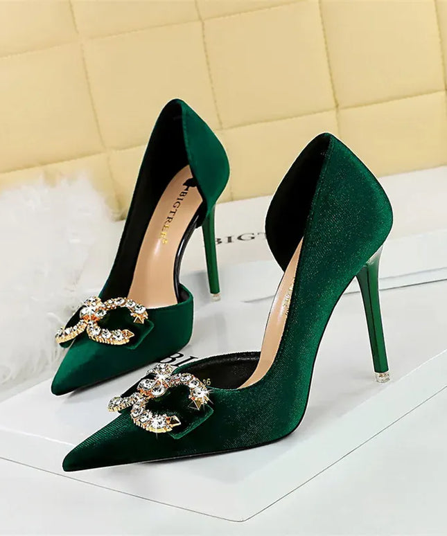 KissICON Fashion Women High Heel Rhinestone Buckle Bow Green
