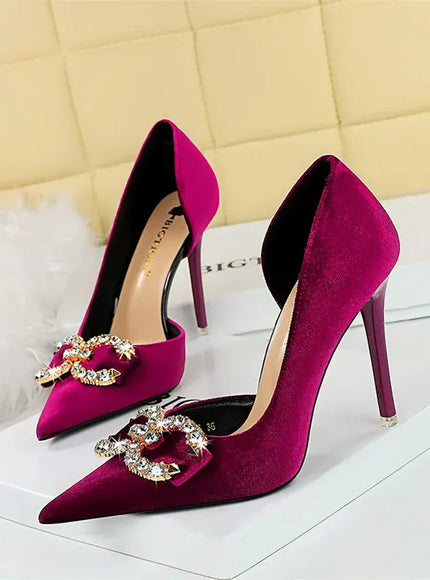 KissICON Fashion Women High Heel Rhinestone Buckle Bow Green