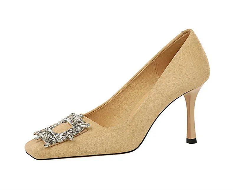 KissICON Fashion Women High Heels Metal Rhinestone Buckle Square