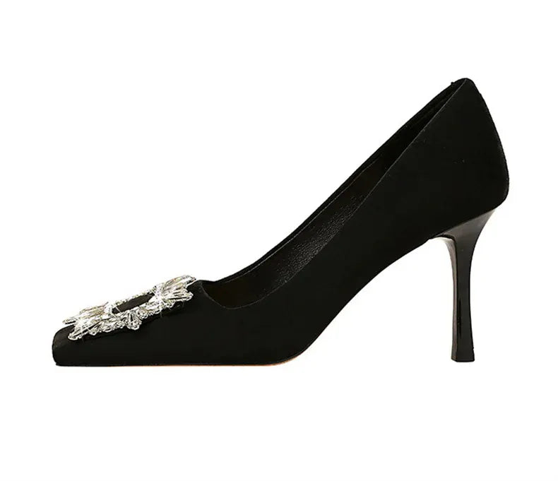 KissICON Fashion Women High Heels Metal Rhinestone Buckle Square