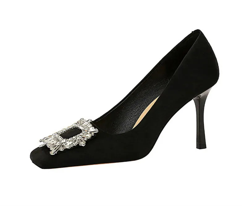 KissICON Fashion Women High Heels Metal Rhinestone Buckle Square