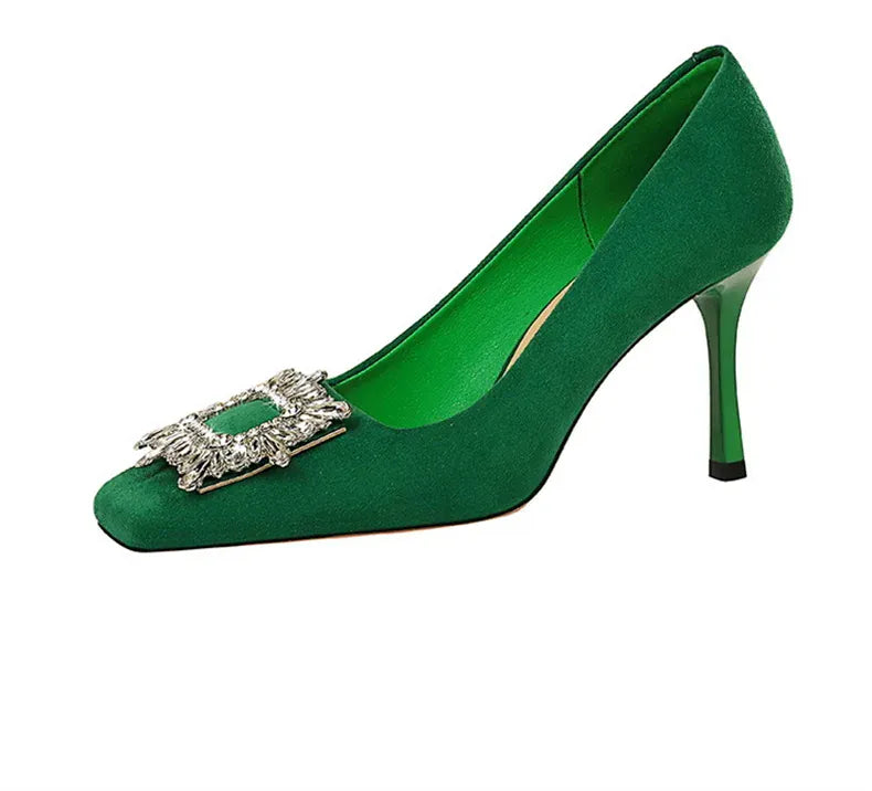 KissICON Fashion Women High Heels Metal Rhinestone Buckle Square