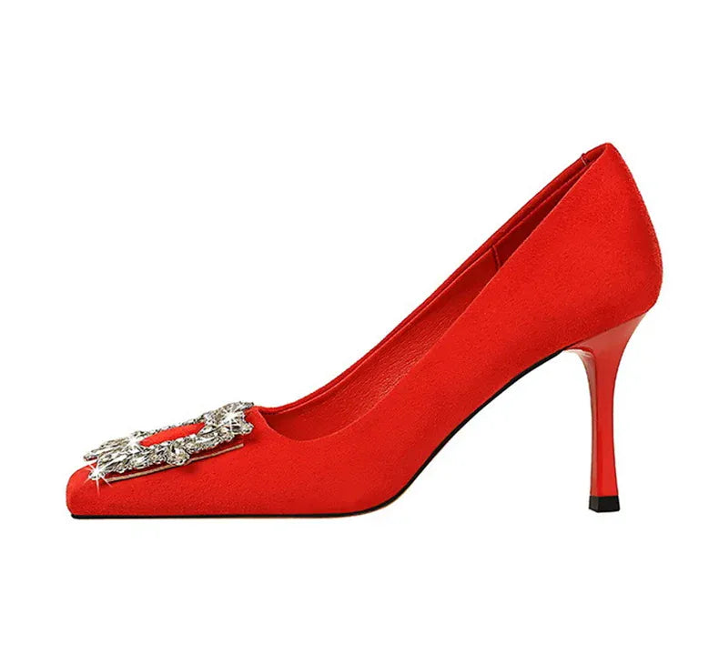 KissICON Fashion Women High Heels Metal Rhinestone Buckle Square