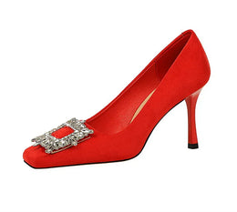 KissICON Fashion Women High Heels Metal Rhinestone Buckle Square