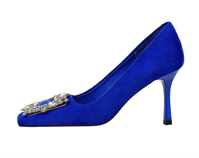 KissICON Fashion Women High Heels Metal Rhinestone Buckle Square