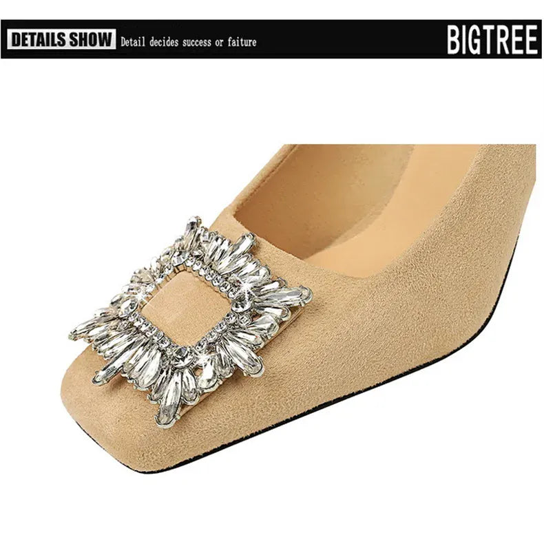 KissICON Fashion Women High Heels Metal Rhinestone Buckle Square