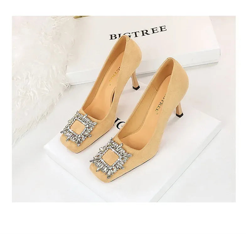 KissICON Fashion Women High Heels Metal Rhinestone Buckle Square
