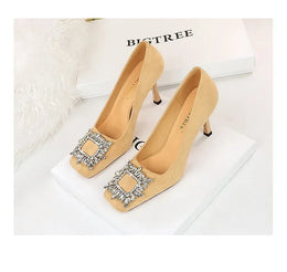 KissICON Fashion Women High Heels Metal Rhinestone Buckle Square