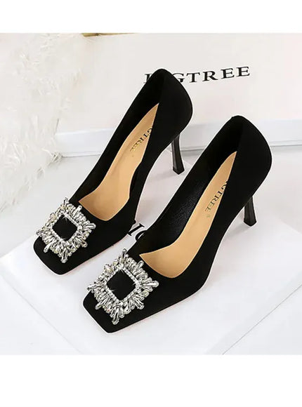KissICON Fashion Women High Heels Metal Rhinestone Buckle Square