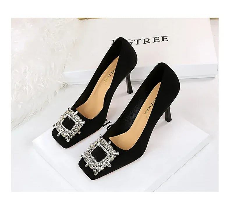 KissICON Fashion Women High Heels Metal Rhinestone Buckle Square