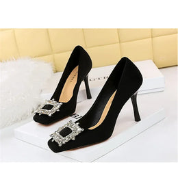 KissICON Fashion Women High Heels Metal Rhinestone Buckle Square