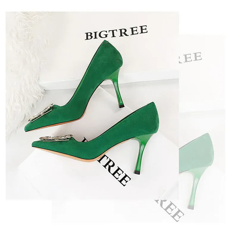 KissICON Fashion Women High Heels Metal Rhinestone Buckle Square