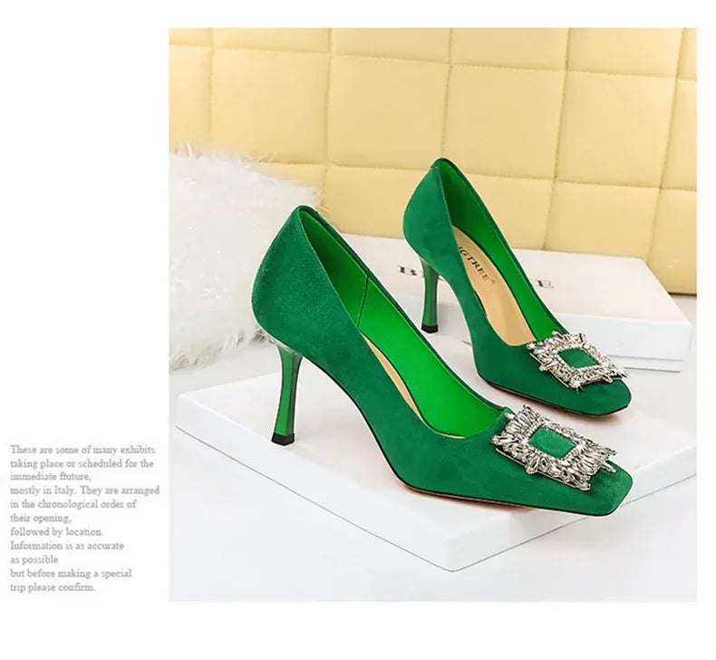 KissICON Fashion Women High Heels Metal Rhinestone Buckle Square