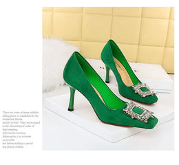 KissICON Fashion Women High Heels Metal Rhinestone Buckle Square