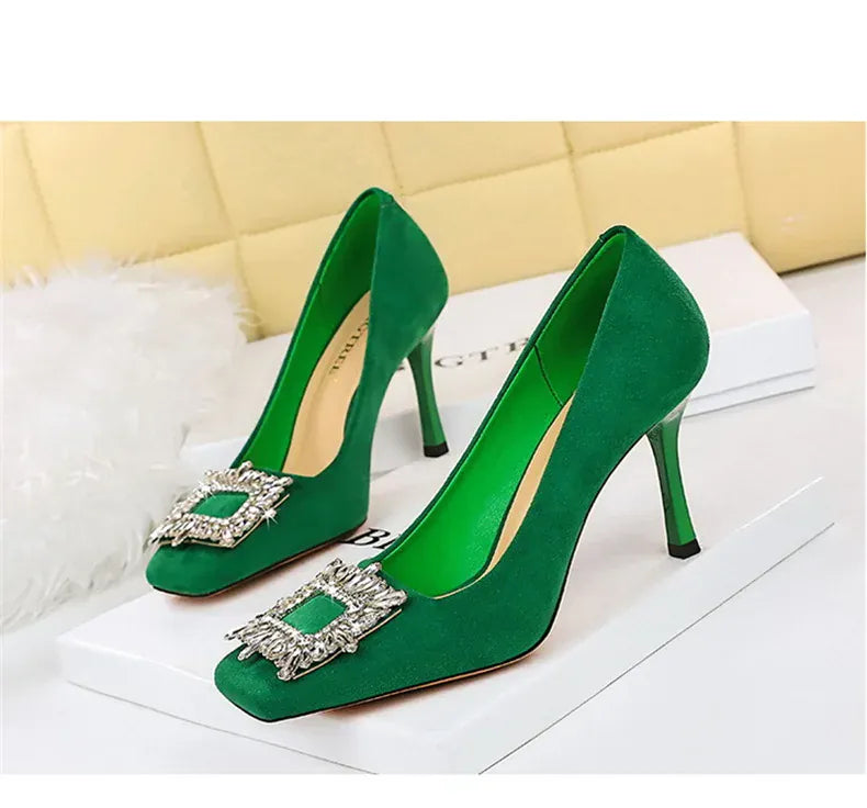 KissICON Fashion Women High Heels Metal Rhinestone Buckle Square