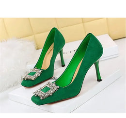 KissICON Fashion Women High Heels Metal Rhinestone Buckle Square