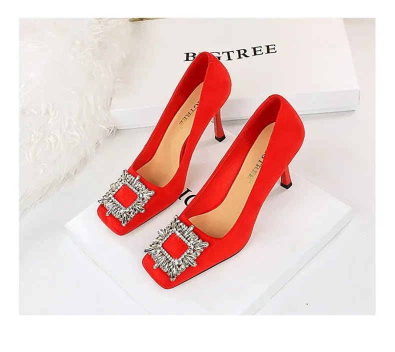 KissICON Fashion Women High Heels Metal Rhinestone Buckle Square