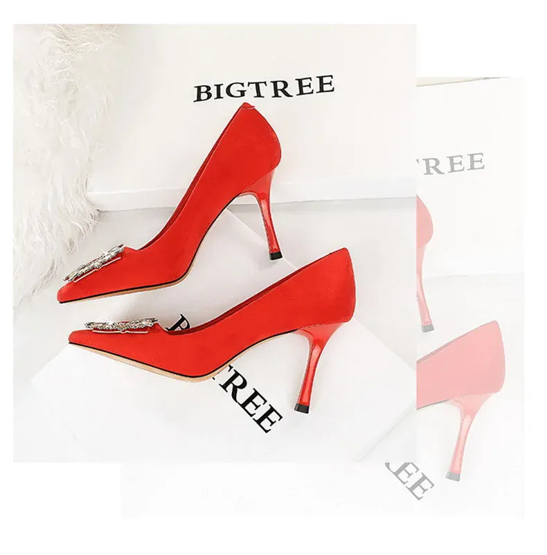 KissICON Fashion Women High Heels Metal Rhinestone Buckle Square