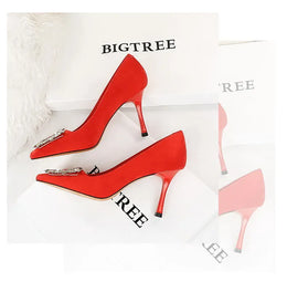KissICON Fashion Women High Heels Metal Rhinestone Buckle Square