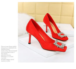 KissICON Fashion Women High Heels Metal Rhinestone Buckle Square