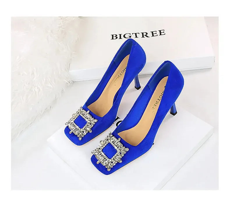 KissICON Fashion Women High Heels Metal Rhinestone Buckle Square