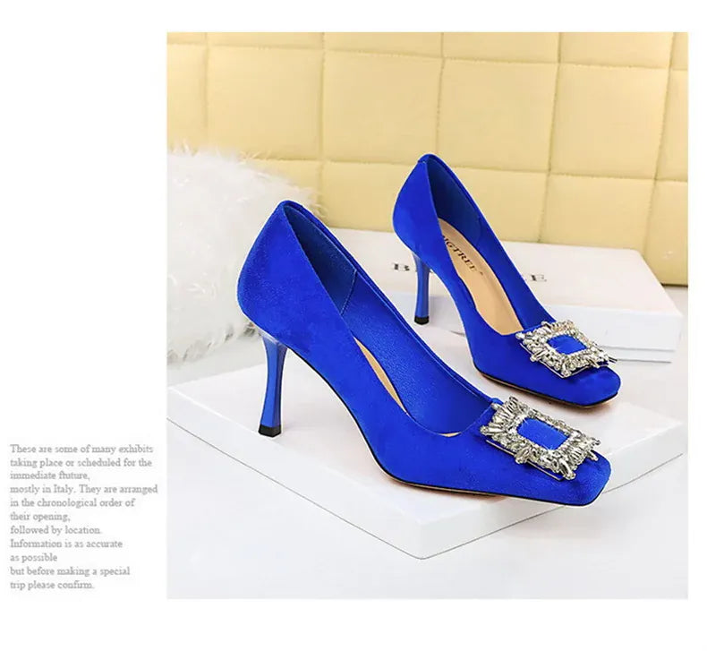KissICON Fashion Women High Heels Metal Rhinestone Buckle Square