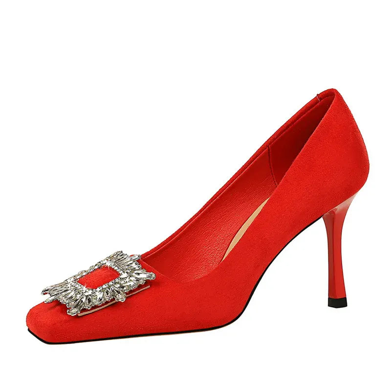 KissICON Fashion Women High Heels Metal Rhinestone Buckle Square