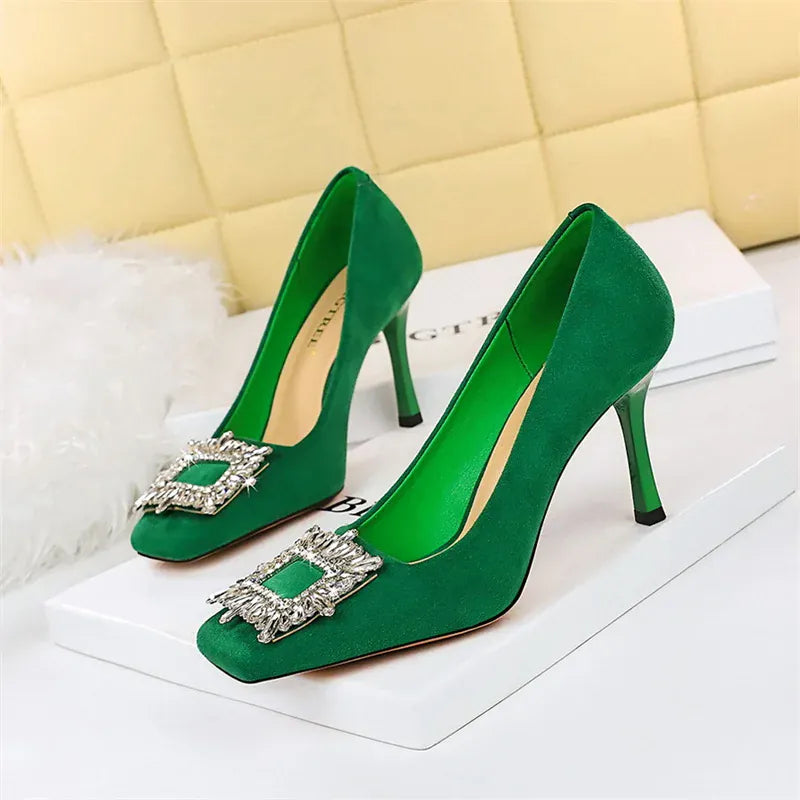 KissICON Fashion Women High Heels Metal Rhinestone Buckle Square