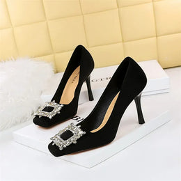 KissICON Fashion Women High Heels Metal Rhinestone Buckle Square