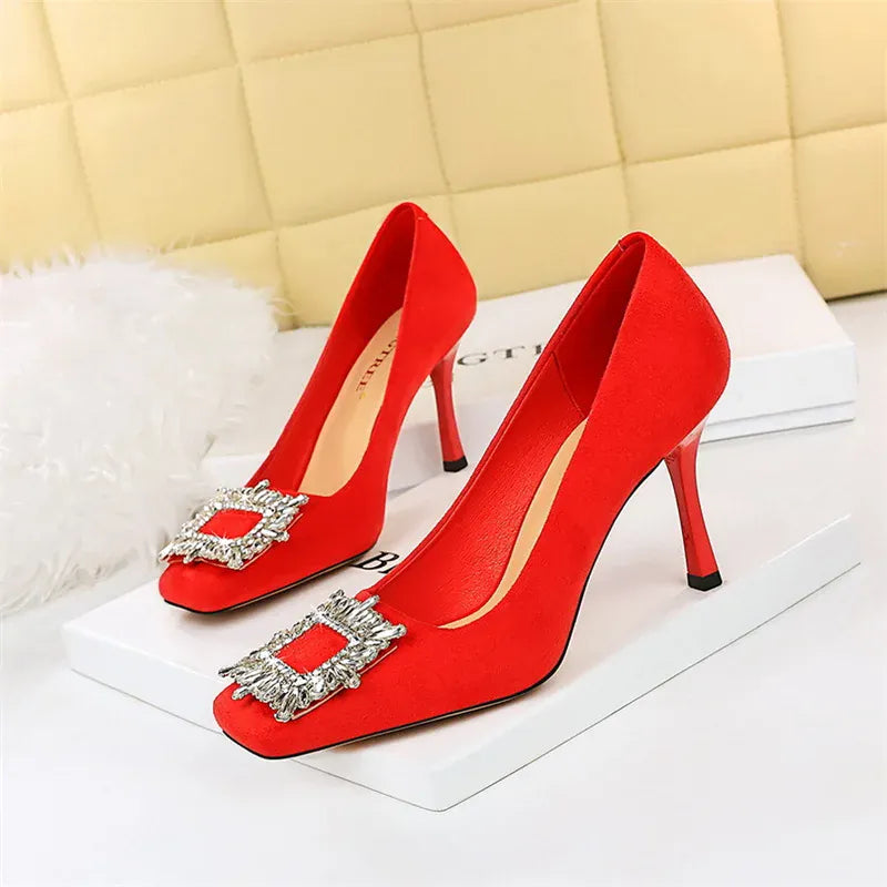 KissICON Fashion Women High Heels Metal Rhinestone Buckle Square