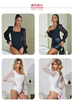 KissICON Fashion Womens Plus Size Long Sleeve Mesh Leotard Bodysuits Crotchless Teddy Lingerie Sexy One Piece Jumpsuit