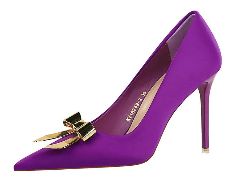 KissICON Fashionable Pointed High Heels Metal Bow Thin Heels